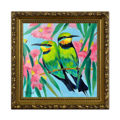 Rainbow bee-eater bird original painting by Irina Redine.  Rainbow bee-eaters couple small artwork framed and ready to hang, gift idea