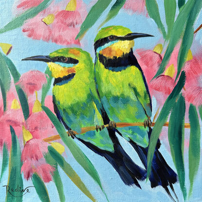 Rainbow bee-eater bird original painting by Irina Redine.  Rainbow bee-eaters couple small artwork framed and ready to hang, gift idea