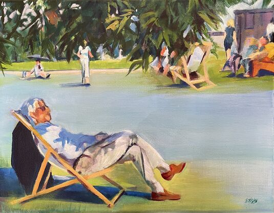 A medium canvas with landscape orientation where a reclining male on deckchair is in the foreground under a canopy of leaves .