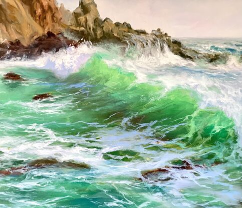 Ocean waves, cliffs, rocks, emerald water, sea foam 