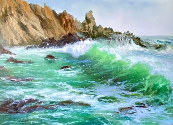 Ocean waves, cliffs, rocks, emerald water, sea foam 