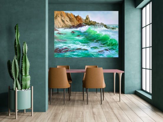 Ocean waves, cliffs, rocks, emerald water, sea foam 