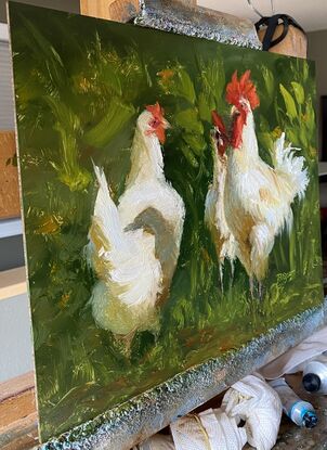 Chickens, white, red, green, 