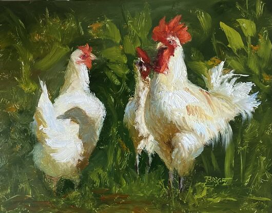 Chickens, white, red, green, 