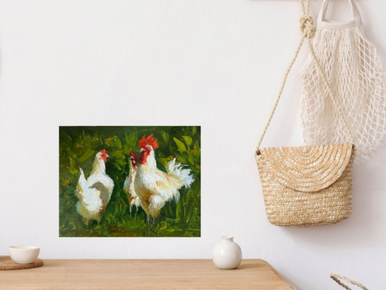 Chickens, white, red, green, 