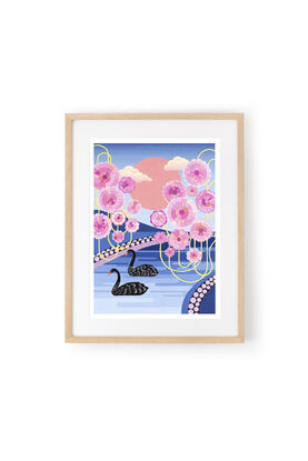 Two black swans swim gracefully beneath pink blossom blooms. A red sun sinks towards the horizon.