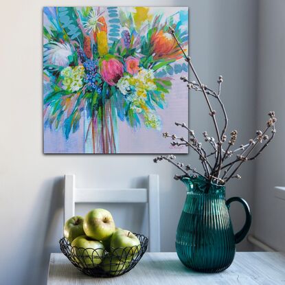 Abstracted native flowers in glass vase.