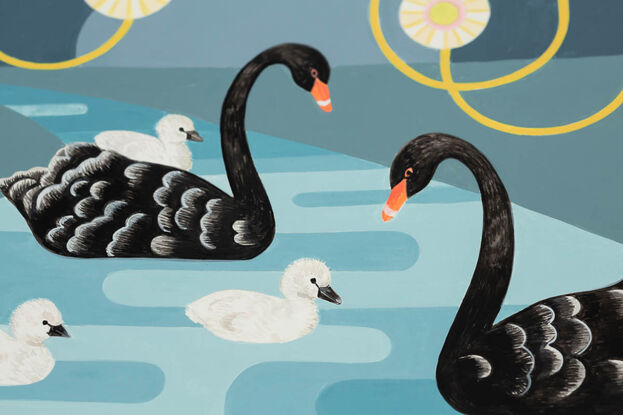 A family of Australian black swans swim gracefully on a moonlit river. The edges of the painting are filled with stylised circular Eucalyptus blossoms with swirling yellow stems. A pale golden moon hangs in the background. One of the cygnets rides on its mothers back while 3 other baby swans are in the water beside the parents.