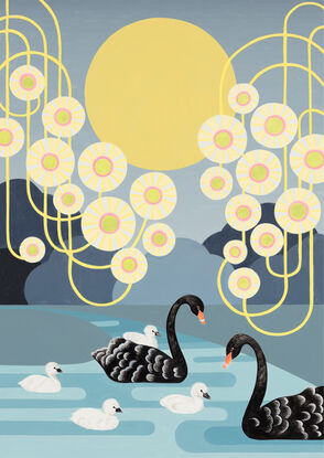 A family of Australian black swans swim gracefully on a moonlit river. The edges of the painting are filled with stylised circular Eucalyptus blossoms with swirling yellow stems. A pale golden moon hangs in the background. One of the cygnets rides on its mothers back while 3 other baby swans are in the water beside the parents.