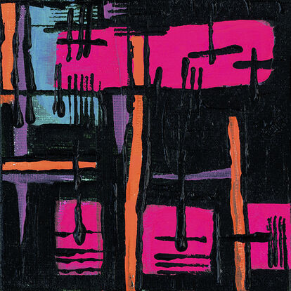 Abstract lines, patterns, black, neon pink, light blue & neon orange, 80's vibe, high contrast