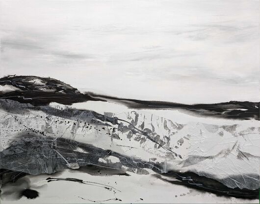 A black and white abstract landscape of mountains and fjords in Iceland