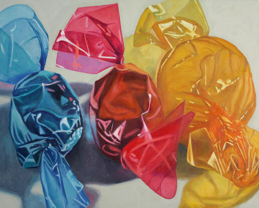 Part of series of paintings of candy. Blue, magenta and yellow cellophane wrapped hard candies lit from the left. A study of reflections and textures and brilliant color. Painted from life, not photos. Gallery wrapped on heavy stretchers with clean white sides. Can be exhibited unframed.