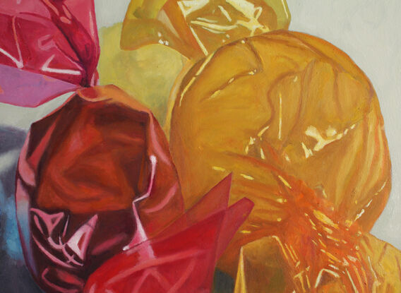 Part of series of paintings of candy. Blue, magenta and yellow cellophane wrapped hard candies lit from the left. A study of reflections and textures and brilliant color. Painted from life, not photos. Gallery wrapped on heavy stretchers with clean white sides. Can be exhibited unframed.