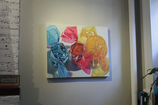 Part of series of paintings of candy. Blue, magenta and yellow cellophane wrapped hard candies lit from the left. A study of reflections and textures and brilliant color. Painted from life, not photos. Gallery wrapped on heavy stretchers with clean white sides. Can be exhibited unframed.