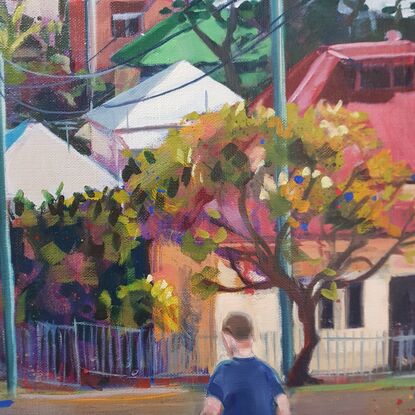 A street scene in Brisbane's West End showing colourful rooftops, a telephone post with wires and a distant view of Mt Coot-tha TV towers. Banana tree on the left. People walking, a woman and child and a man with a dog.