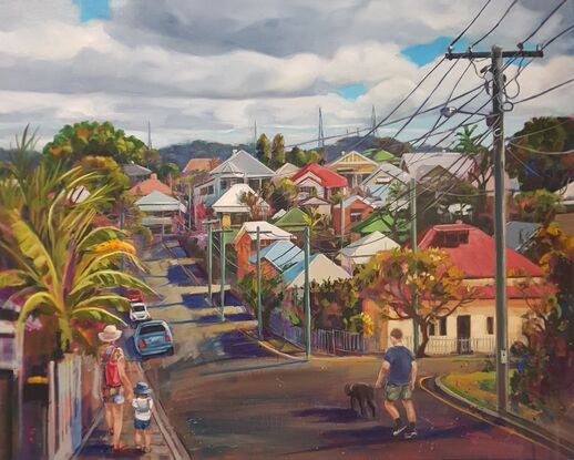 A street scene in Brisbane's West End showing colourful rooftops, a telephone post with wires and a distant view of Mt Coot-tha TV towers. Banana tree on the left. People walking, a woman and child and a man with a dog.