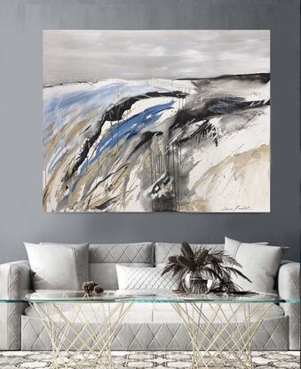 A grey, black, white, beige and blue abstract landscape of moountains