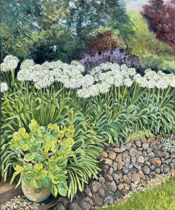 Painting of a garden filled with trees and bushes  in shades of green, red, deep purple and blue-green. White agapanthus fill the middle ground behind a rock wall. A terracotta pot sits on a step and is filled with a bright green sedum plant.