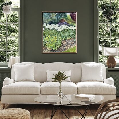 Painting of a garden filled with trees and bushes  in shades of green, red, deep purple and blue-green. White agapanthus fill the middle ground behind a rock wall. A terracotta pot sits on a step and is filled with a bright green sedum plant.