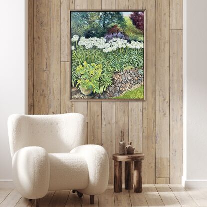 Painting of a garden filled with trees and bushes  in shades of green, red, deep purple and blue-green. White agapanthus fill the middle ground behind a rock wall. A terracotta pot sits on a step and is filled with a bright green sedum plant.