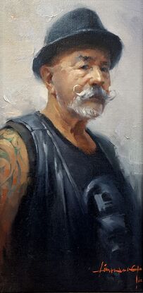 Johnny is our best friend, and this was the second time I painted his portrait. He is an artist, musician, electrician, hotel manager, and loves his Harley Davison bike. He maybe old, but his spirit is forever young.