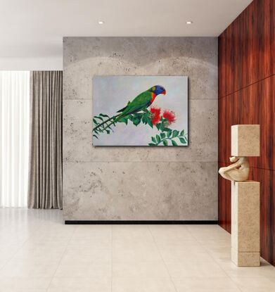 Large painting of Rainbow Parakeet  sitting on a branch with leaves and plain background.