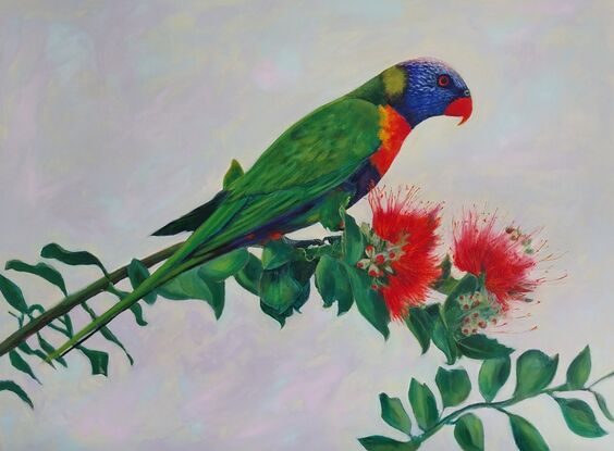 Large painting of Rainbow Parakeet  sitting on a branch with leaves and plain background.