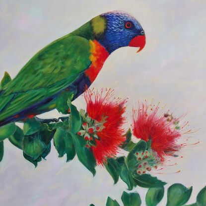 Large painting of Rainbow Parakeet  sitting on a branch with leaves and plain background.