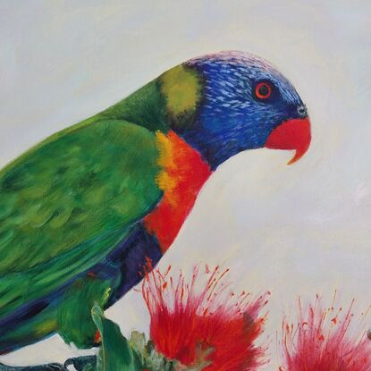 Large painting of Rainbow Parakeet  sitting on a branch with leaves and plain background.