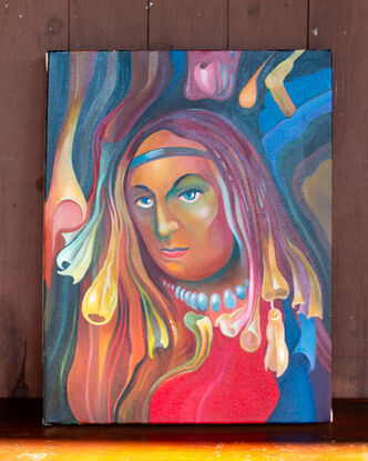 A fantasy imaginary lady painted in shades of reds and oranges .
original oil painting.