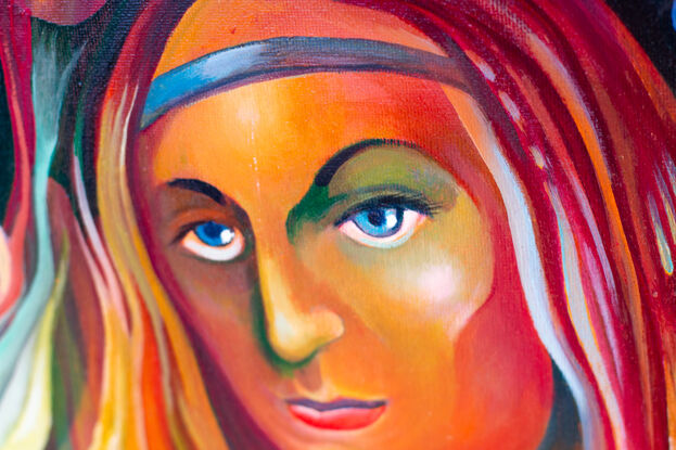 A fantasy imaginary lady painted in shades of reds and oranges .
original oil painting.