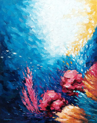 abstract impasto blue undersea water world with colorful coral