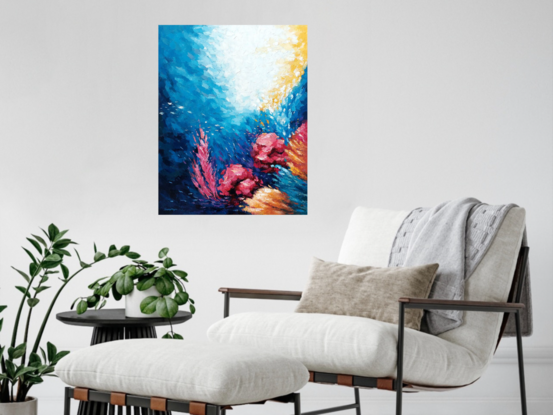 abstract impasto blue undersea water world with colorful coral