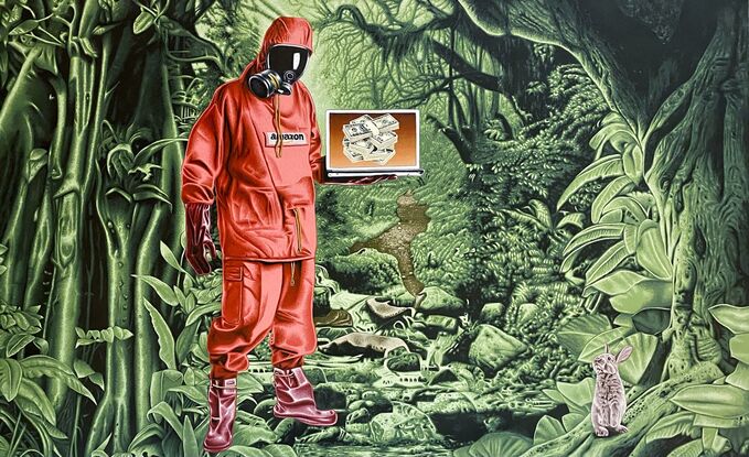 "In the lush rainforest, a bunny looks up at a hazmat-wearing representative of a global goliath holding an open laptop displaying a stack of money".