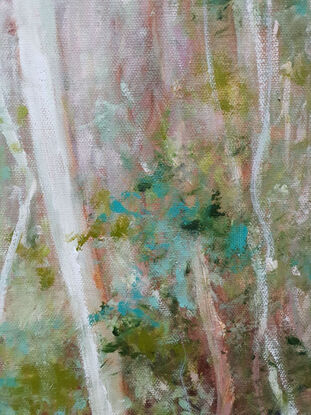 Large landscape painting by Victoria Collins, showing lush Australian sapling forest with layers of delicate marks from very dark crimson and olive green to pale teal and dusty rose.