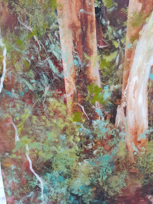 Large landscape painting by Victoria Collins, showing lush Australian sapling forest with layers of delicate marks from very dark crimson and olive green to pale teal and dusty rose.