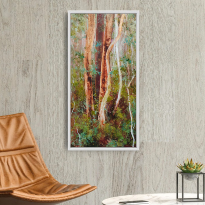 Large landscape painting by Victoria Collins, showing lush Australian sapling forest with layers of delicate marks from very dark crimson and olive green to pale teal and dusty rose.