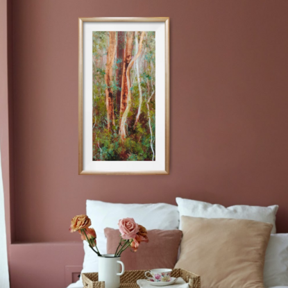 Large landscape painting by Victoria Collins, showing lush Australian sapling forest with layers of delicate marks from very dark crimson and olive green to pale teal and dusty rose.