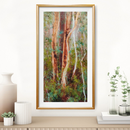 Large landscape painting by Victoria Collins, showing lush Australian sapling forest with layers of delicate marks from very dark crimson and olive green to pale teal and dusty rose.