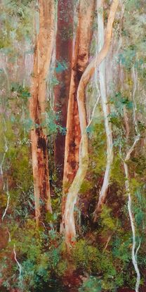 Large landscape painting by Victoria Collins, showing lush Australian sapling forest with layers of delicate marks from very dark crimson and olive green to pale teal and dusty rose.