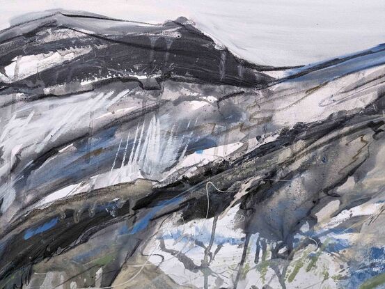 A grey, black, white, beige and blue abstract landscape of mountains