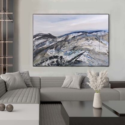 A grey, black, white, beige and blue abstract landscape of mountains