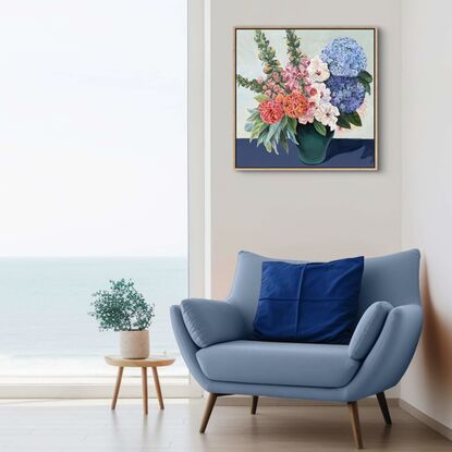 Painting of deep green vase filled with spring roses, foxgloves and hydrangeas, sitting on a dark navy cloth, framed in an oak float frame.