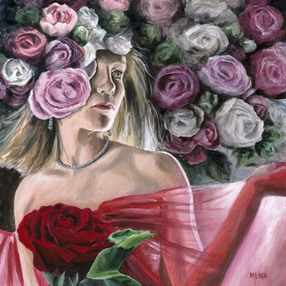 This artwork portrays a graceful woman in a soft red dress, standing amidst a garden of roses in shades of pink and white. The light highlights her face and hair, and she holds her dress gently. One large red rose stands before her, symbolizing love. The background has abstract rose shapes. The artwork beautifully captures emotions and connections through its colors and delicate details.