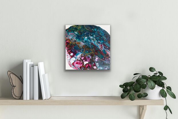 My goal with this piece was to bring through the metallics (gold and copper) and the vibrant magenta. The result feels like shimmering precious metals and sparkling jewels shining from underwater in a bush stream.

The painting is protected by a satin varnish. It can remain unframed but would also look beautiful framed.