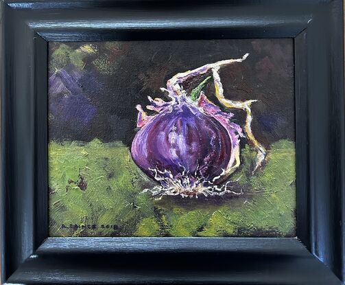 red onion, kitchen art, purple onion, onion with a green shoot, kitchen
