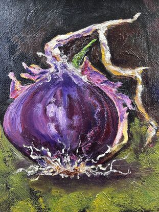 red onion, kitchen art, purple onion, onion with a green shoot, kitchen
