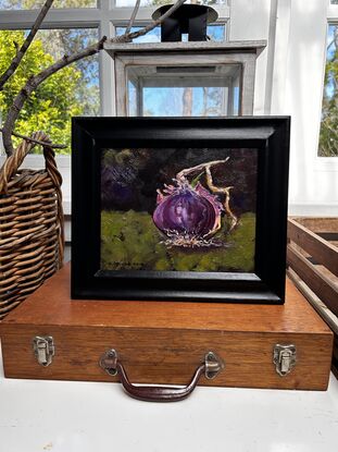 red onion, kitchen art, purple onion, onion with a green shoot, kitchen
