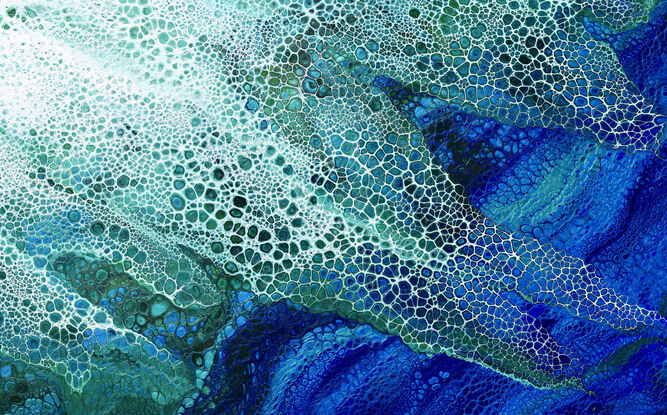 ABSTRACT painting that gives the impression of soothing ocean waves lapping in to soft sandy beach with slow easy waves creating crests of white..  The intricate mosaic pattern within the tonal greens. acquamarine and blue huesplus the glimmering metallics adds added interest and intrigue.
The closer you get to the painting the more of the interesting details and patterns you can see. Metallics add an extra depth because the painting changes personality when one views from different angles.
although it is an impressionistic abstract, it still has a sense of motion of waves moving and frothing white bubbling seafoam!