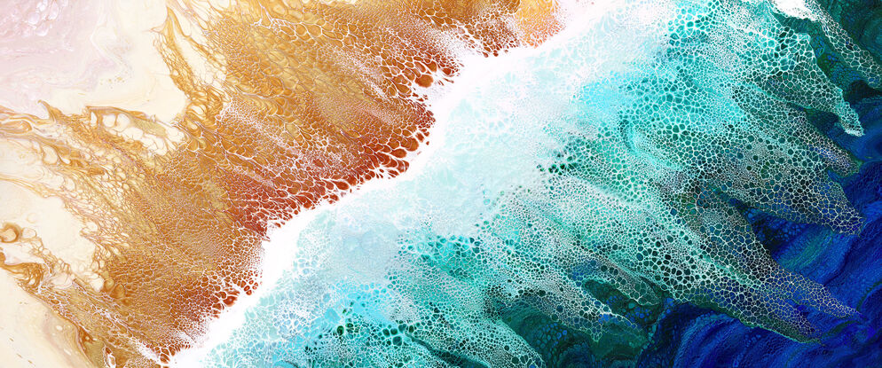 ABSTRACT painting that gives the impression of soothing ocean waves lapping in to soft sandy beach with slow easy waves creating crests of white..  The intricate mosaic pattern within the tonal greens. acquamarine and blue huesplus the glimmering metallics adds added interest and intrigue.
The closer you get to the painting the more of the interesting details and patterns you can see. Metallics add an extra depth because the painting changes personality when one views from different angles.
although it is an impressionistic abstract, it still has a sense of motion of waves moving and frothing white bubbling seafoam!